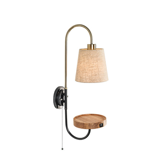 Conical Fabric Pull Chain Wall Mount Lamp Modern Single Wood Sconce Light with USB Port and Wood Rack Clearhalo 'Modern wall lights' 'Modern' 'Wall Lamps & Sconces' 'Wall Lights' Lighting' 754945
