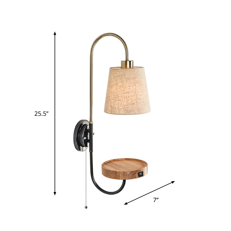 Conical Fabric Pull Chain Wall Mount Lamp Modern Single Wood Sconce Light with USB Port and Wood Rack Clearhalo 'Modern wall lights' 'Modern' 'Wall Lamps & Sconces' 'Wall Lights' Lighting' 754946