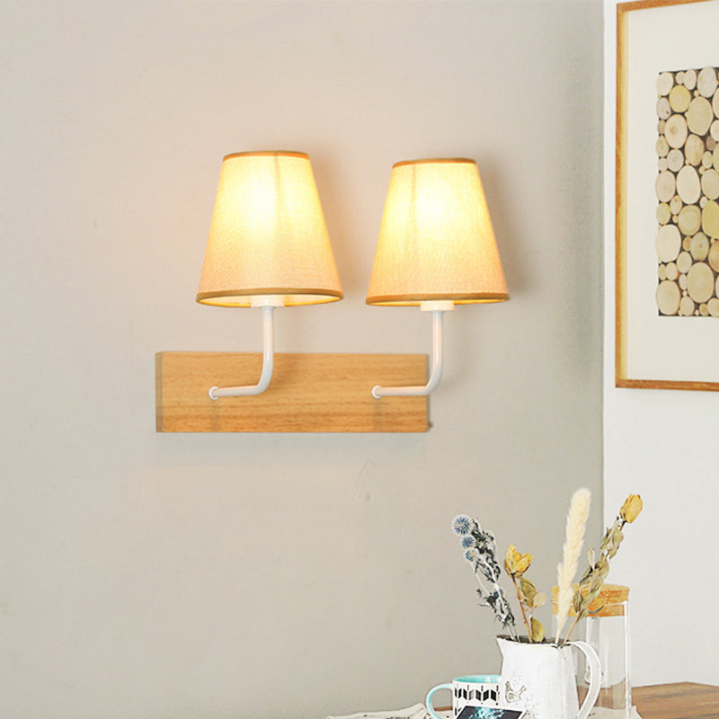 Flaxen Cone Shade Wall Mounted Light Nordic 2 Bulbs Fabric Sconce Light Fixture with Rectangle Wood Backplate Flaxen Clearhalo 'Modern wall lights' 'Modern' 'Wall Lamps & Sconces' 'Wall Lights' Lighting' 754947
