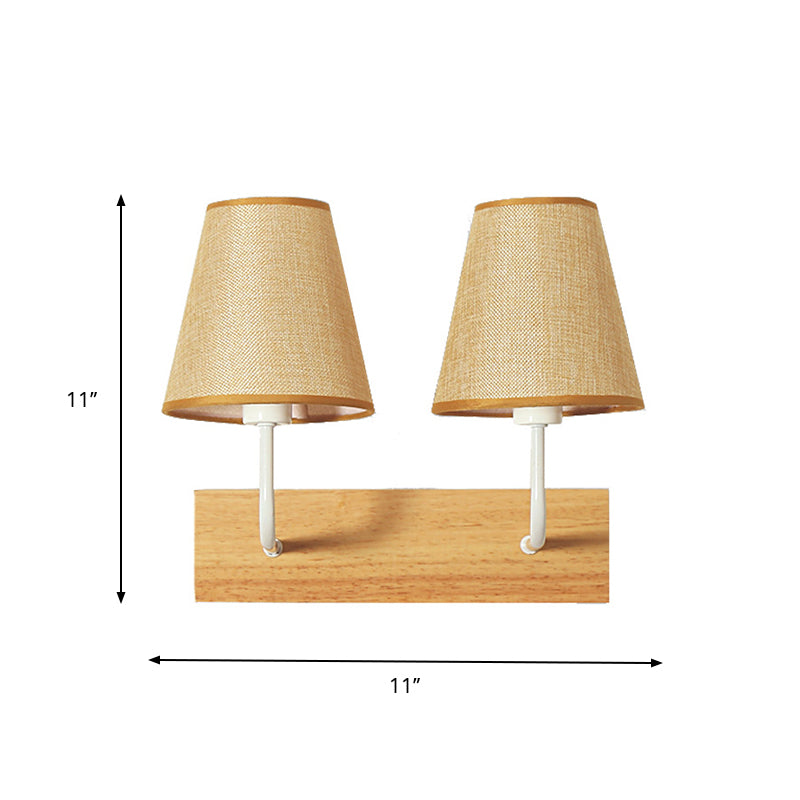 Flaxen Cone Shade Wall Mounted Light Nordic 2 Bulbs Fabric Sconce Light Fixture with Rectangle Wood Backplate Clearhalo 'Modern wall lights' 'Modern' 'Wall Lamps & Sconces' 'Wall Lights' Lighting' 754950