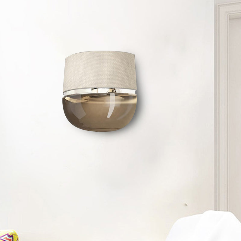 Modern Arched Wall Sconce Grid Pattern Fabric 1-Light Bedside Wall Mount Fixture in White with Bowl Tan Glass Bottom Clearhalo 'Cast Iron' 'Glass' 'Industrial' 'Modern wall lights' 'Modern' 'Tiffany' 'Traditional wall lights' 'Wall Lamps & Sconces' 'Wall Lights' Lighting' 754960
