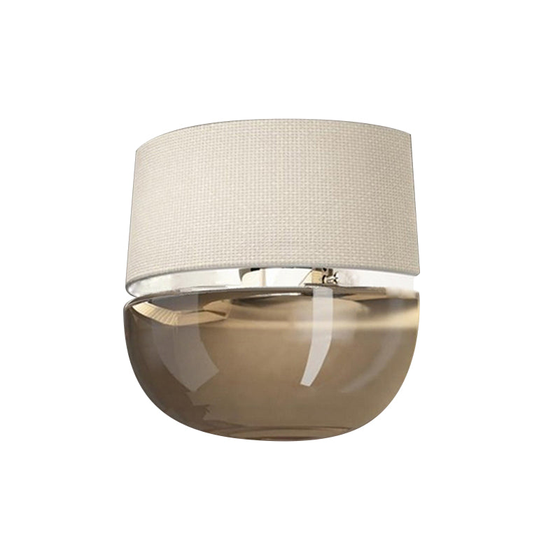 Modern Arched Wall Sconce Grid Pattern Fabric 1-Light Bedside Wall Mount Fixture in White with Bowl Tan Glass Bottom Clearhalo 'Cast Iron' 'Glass' 'Industrial' 'Modern wall lights' 'Modern' 'Tiffany' 'Traditional wall lights' 'Wall Lamps & Sconces' 'Wall Lights' Lighting' 754961