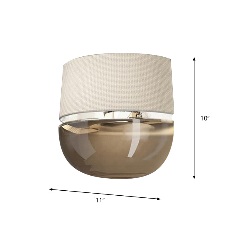 Modern Arched Wall Sconce Grid Pattern Fabric 1-Light Bedside Wall Mount Fixture in White with Bowl Tan Glass Bottom Clearhalo 'Cast Iron' 'Glass' 'Industrial' 'Modern wall lights' 'Modern' 'Tiffany' 'Traditional wall lights' 'Wall Lamps & Sconces' 'Wall Lights' Lighting' 754962