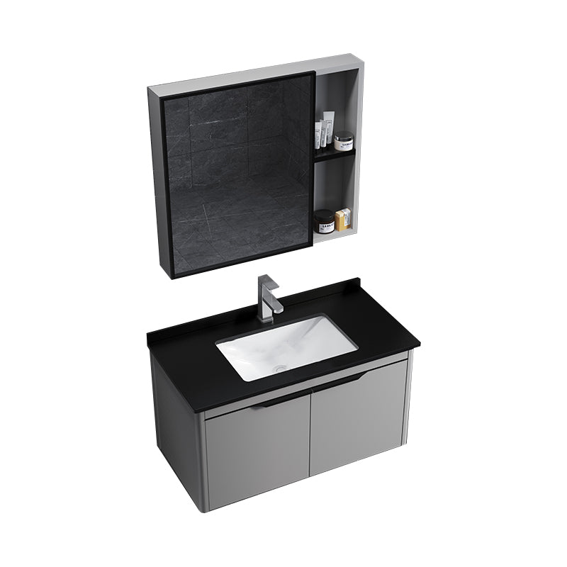 Single Sink Modern Bathroom Vanity Gray Metal Frame Rectangular Vanity Set Vanity & Faucet & Mirror Cabinet Black Clearhalo 'Bathroom Remodel & Bathroom Fixtures' 'Bathroom Vanities' 'bathroom_vanities' 'Home Improvement' 'home_improvement' 'home_improvement_bathroom_vanities' 7551305