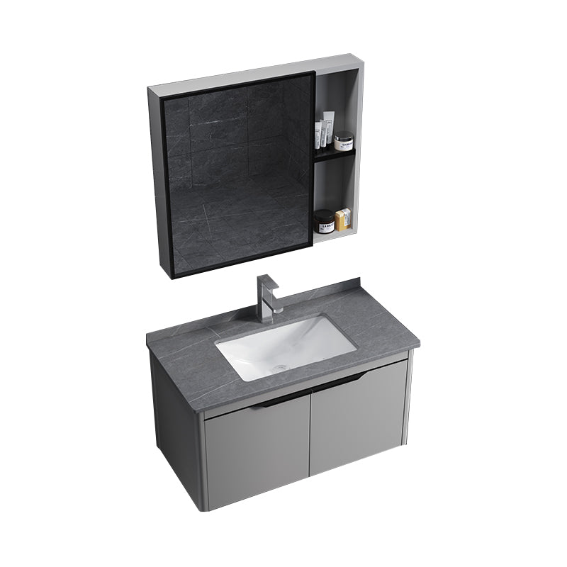 Single Sink Modern Bathroom Vanity Gray Metal Frame Rectangular Vanity Set Vanity & Faucet & Mirror Cabinet Gray Clearhalo 'Bathroom Remodel & Bathroom Fixtures' 'Bathroom Vanities' 'bathroom_vanities' 'Home Improvement' 'home_improvement' 'home_improvement_bathroom_vanities' 7551308