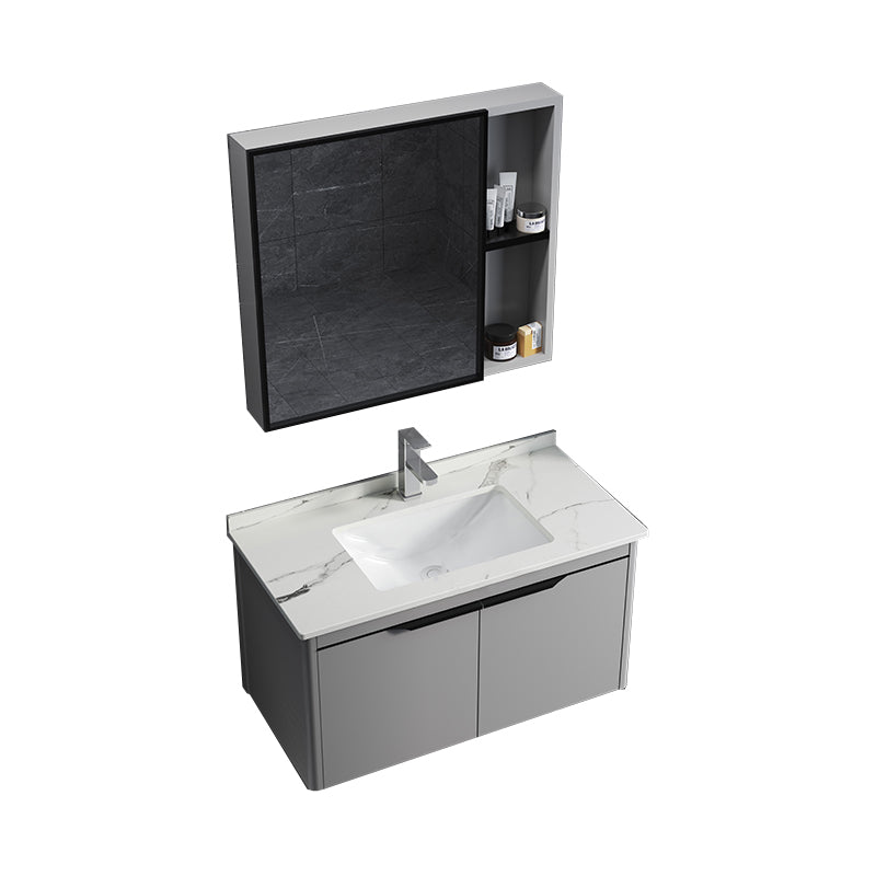 Single Sink Modern Bathroom Vanity Gray Metal Frame Rectangular Vanity Set Vanity & Faucet & Mirror Cabinet White Clearhalo 'Bathroom Remodel & Bathroom Fixtures' 'Bathroom Vanities' 'bathroom_vanities' 'Home Improvement' 'home_improvement' 'home_improvement_bathroom_vanities' 7551312