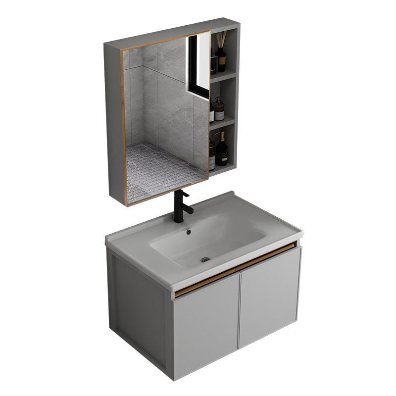 Wall Mount Bathroom Vanity Modern Gray Single-Sink Metal Frame Vanity Set Vanity & Faucet & Mirror Cabinet 28"L x 19"W x 17"H Clearhalo 'Bathroom Remodel & Bathroom Fixtures' 'Bathroom Vanities' 'bathroom_vanities' 'Home Improvement' 'home_improvement' 'home_improvement_bathroom_vanities' 7551339