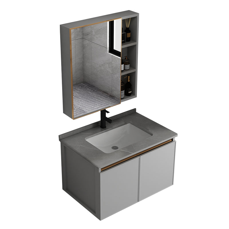 Wall Mount Bathroom Vanity Modern Gray Single-Sink Metal Frame Vanity Set Vanity & Faucet & Mirror Cabinet 28"L x 19"W x 17"H Clearhalo 'Bathroom Remodel & Bathroom Fixtures' 'Bathroom Vanities' 'bathroom_vanities' 'Home Improvement' 'home_improvement' 'home_improvement_bathroom_vanities' 7551340