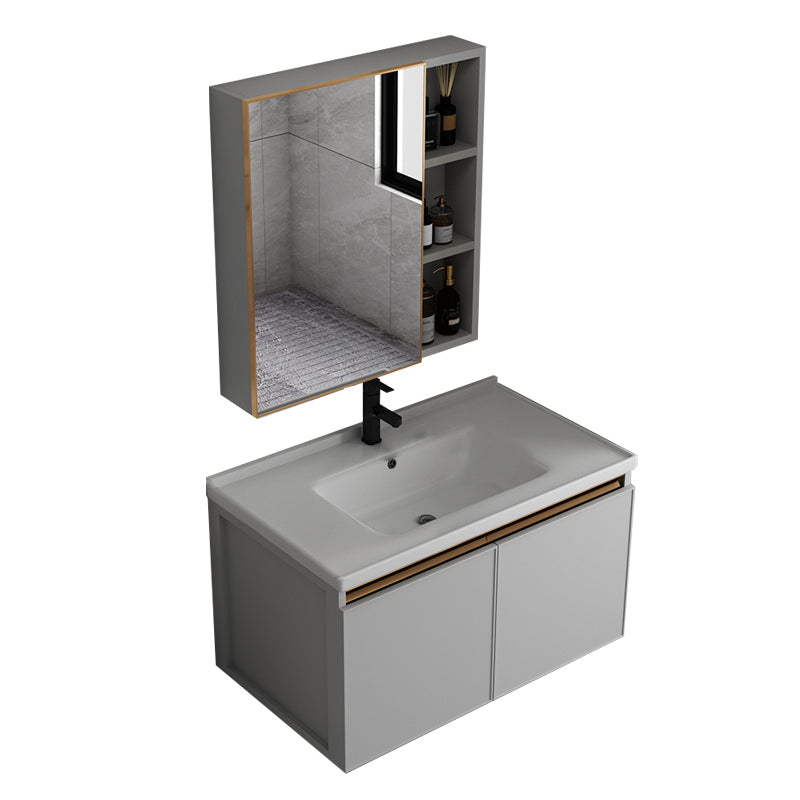 Wall Mount Bathroom Vanity Modern Gray Single-Sink Metal Frame Vanity Set Vanity & Faucet & Mirror Cabinet 32"L x 19"W x 17"H Clearhalo 'Bathroom Remodel & Bathroom Fixtures' 'Bathroom Vanities' 'bathroom_vanities' 'Home Improvement' 'home_improvement' 'home_improvement_bathroom_vanities' 7551343