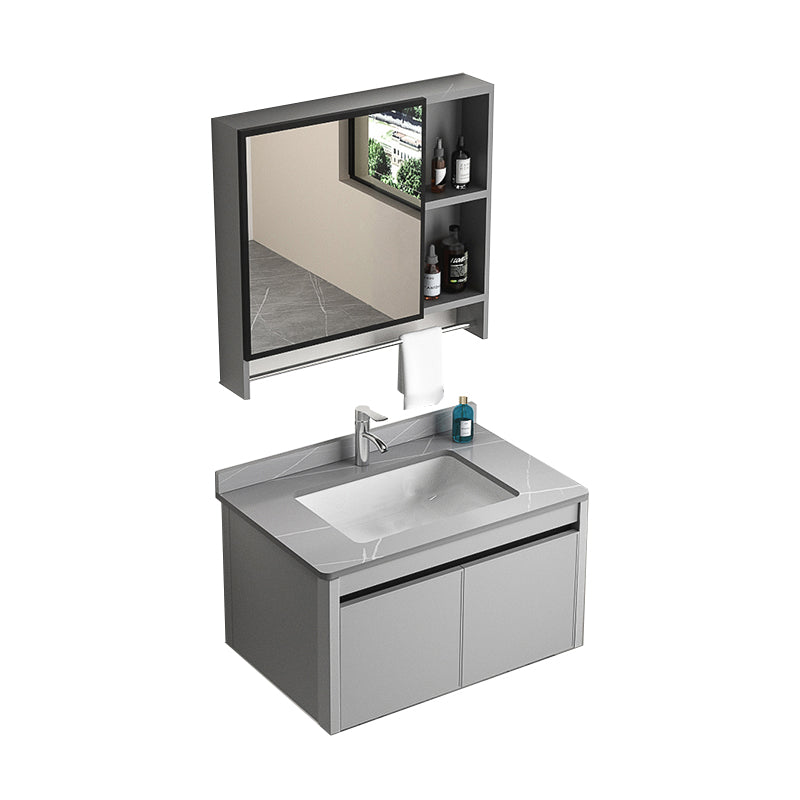 Single Sink Bathroom Vanity Modern Gray Rectangular Bath Vanity Vanity & Faucet & Mirror Cabinet 28"L x 19"W x 16"H Gray Clearhalo 'Bathroom Remodel & Bathroom Fixtures' 'Bathroom Vanities' 'bathroom_vanities' 'Home Improvement' 'home_improvement' 'home_improvement_bathroom_vanities' 7551441