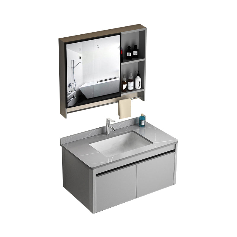 Single Sink Bathroom Vanity Modern Gray Rectangular Bath Vanity Vanity & Faucet & Mirror Cabinet 31.5"L x 18.5"W x 17.7"H Gray Clearhalo 'Bathroom Remodel & Bathroom Fixtures' 'Bathroom Vanities' 'bathroom_vanities' 'Home Improvement' 'home_improvement' 'home_improvement_bathroom_vanities' 7551442