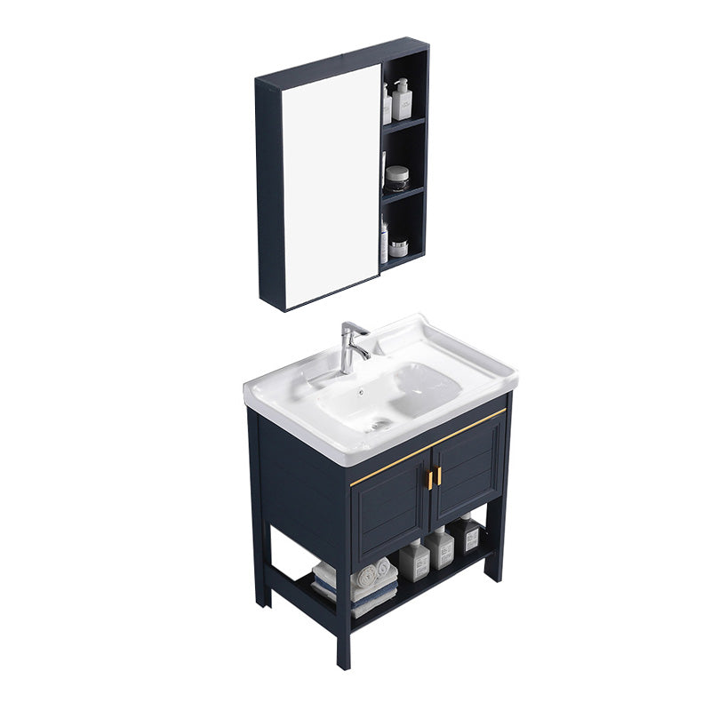 Glam Blue Sink Vanity Metal Frame Single Rectangular Bath Vanity Vanity & Faucet & Mirror Cabinet 31"L x 19"W x 32"H Clearhalo 'Bathroom Remodel & Bathroom Fixtures' 'Bathroom Vanities' 'bathroom_vanities' 'Home Improvement' 'home_improvement' 'home_improvement_bathroom_vanities' 7551593