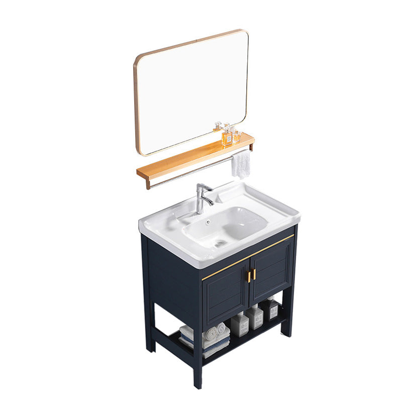 Glam Blue Sink Vanity Metal Frame Single Rectangular Bath Vanity Vanity & Faucet & Mirrors 28"L x 19"W x 32"H Clearhalo 'Bathroom Remodel & Bathroom Fixtures' 'Bathroom Vanities' 'bathroom_vanities' 'Home Improvement' 'home_improvement' 'home_improvement_bathroom_vanities' 7551605