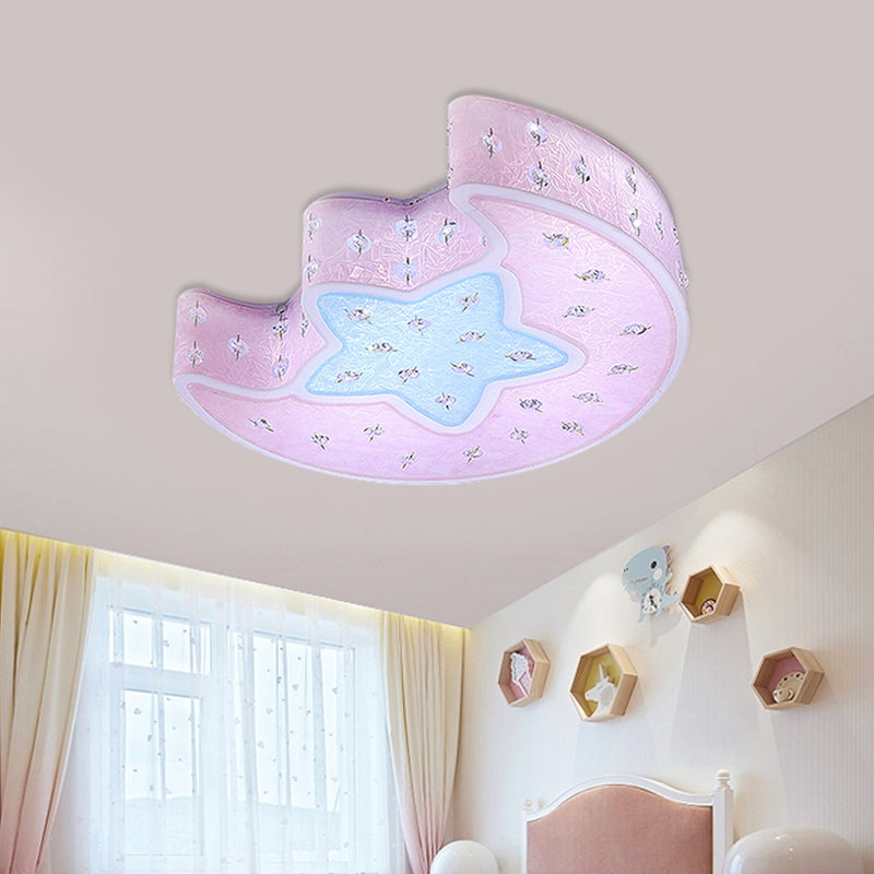 Moon and Star Flush Mount Pendant Fixture Modernist Acrylic Blue/Pink LED Ceiling Lighting with Crystal Deco for Bedroom Pink Clearhalo 'Ceiling Lights' 'Close To Ceiling Lights' 'Close to ceiling' 'Flush mount' Lighting' 756481