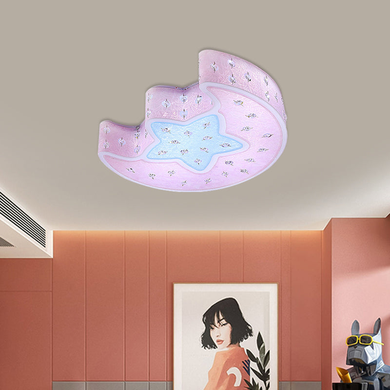 Moon and Star Flush Mount Pendant Fixture Modernist Acrylic Blue/Pink LED Ceiling Lighting with Crystal Deco for Bedroom Clearhalo 'Ceiling Lights' 'Close To Ceiling Lights' 'Close to ceiling' 'Flush mount' Lighting' 756482