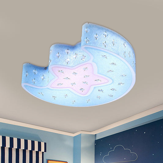 Moon and Star Flush Mount Pendant Fixture Modernist Acrylic Blue/Pink LED Ceiling Lighting with Crystal Deco for Bedroom Blue Clearhalo 'Ceiling Lights' 'Close To Ceiling Lights' 'Close to ceiling' 'Flush mount' Lighting' 756485