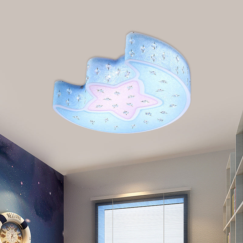 Moon and Star Flush Mount Pendant Fixture Modernist Acrylic Blue/Pink LED Ceiling Lighting with Crystal Deco for Bedroom Clearhalo 'Ceiling Lights' 'Close To Ceiling Lights' 'Close to ceiling' 'Flush mount' Lighting' 756486