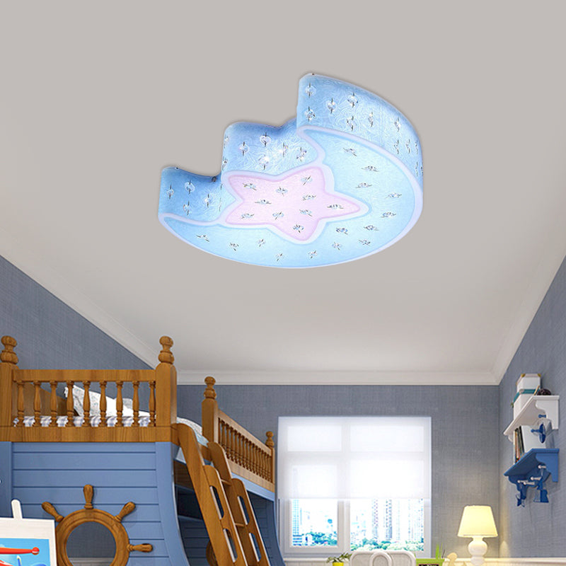 Moon and Star Flush Mount Pendant Fixture Modernist Acrylic Blue/Pink LED Ceiling Lighting with Crystal Deco for Bedroom Clearhalo 'Ceiling Lights' 'Close To Ceiling Lights' 'Close to ceiling' 'Flush mount' Lighting' 756487