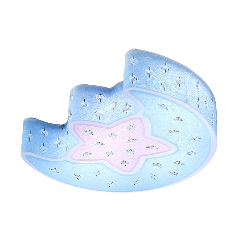 Moon and Star Flush Mount Pendant Fixture Modernist Acrylic Blue/Pink LED Ceiling Lighting with Crystal Deco for Bedroom Clearhalo 'Ceiling Lights' 'Close To Ceiling Lights' 'Close to ceiling' 'Flush mount' Lighting' 756488