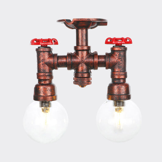 2 Heads Clear Glass Semi Flush Mount Industrial Copper Finish Orb Corridor Ceiling Flush Clearhalo 'Ceiling Lights' 'Close To Ceiling Lights' 'Close to ceiling' 'Glass shade' 'Glass' 'Semi-flushmount' Lighting' 756589