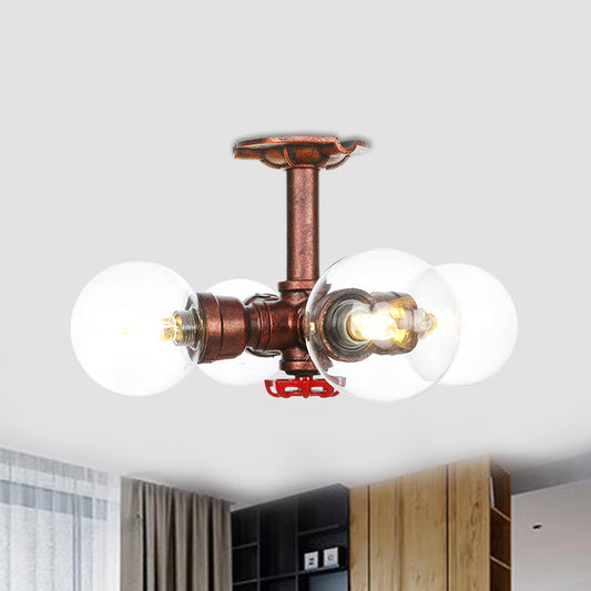 Rustic Global Semi-Flush Ceiling Fixture 3/4-Light Clear Glass Flush Mount Lighting in Copper Clearhalo 'Ceiling Lights' 'Close To Ceiling Lights' 'Close to ceiling' 'Glass shade' 'Glass' 'Semi-flushmount' Lighting' 756606