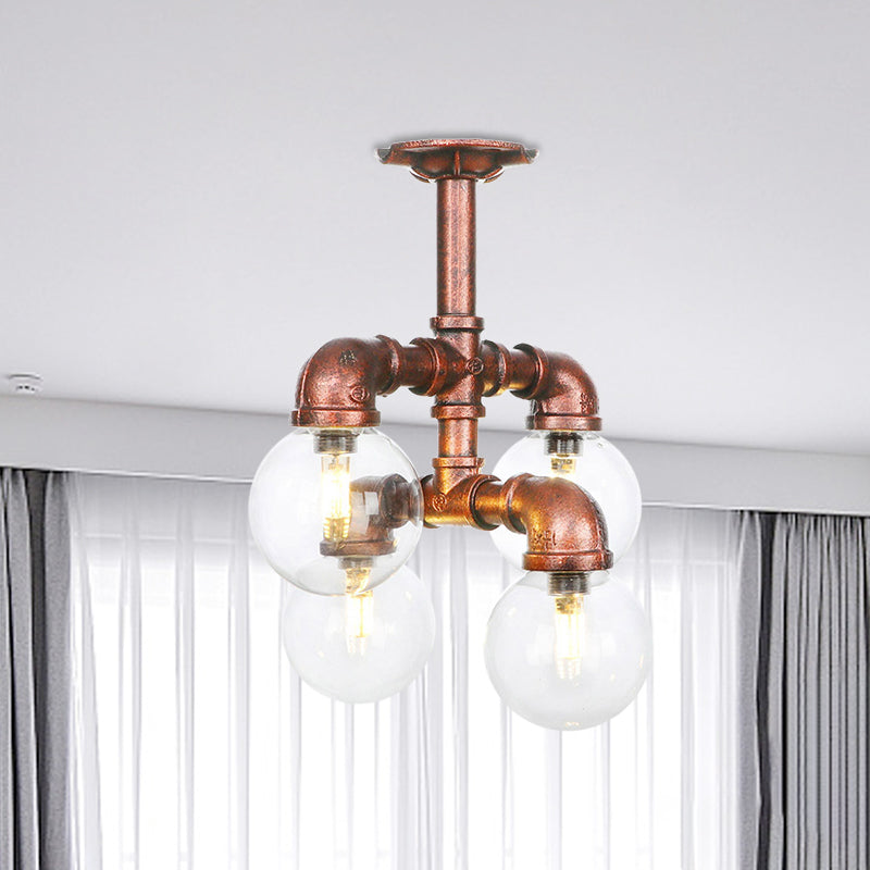 Ball Clear Glass Semi-Flush Ceiling Light Farmhouse 4/5/6 Heads Restaurant Flushmount Lamp in Copper Copper A Clearhalo 'Ceiling Lights' 'Close To Ceiling Lights' 'Close to ceiling' 'Glass shade' 'Glass' 'Semi-flushmount' Lighting' 756610