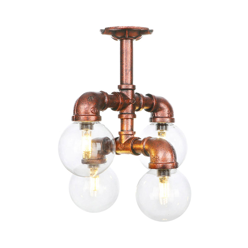 Ball Clear Glass Semi-Flush Ceiling Light Farmhouse 4/5/6 Heads Restaurant Flushmount Lamp in Copper Clearhalo 'Ceiling Lights' 'Close To Ceiling Lights' 'Close to ceiling' 'Glass shade' 'Glass' 'Semi-flushmount' Lighting' 756611