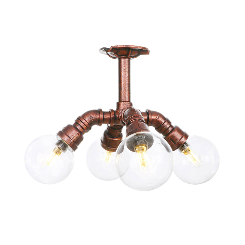 Ball Clear Glass Semi-Flush Ceiling Light Farmhouse 4/5/6 Heads Restaurant Flushmount Lamp in Copper Clearhalo 'Ceiling Lights' 'Close To Ceiling Lights' 'Close to ceiling' 'Glass shade' 'Glass' 'Semi-flushmount' Lighting' 756616