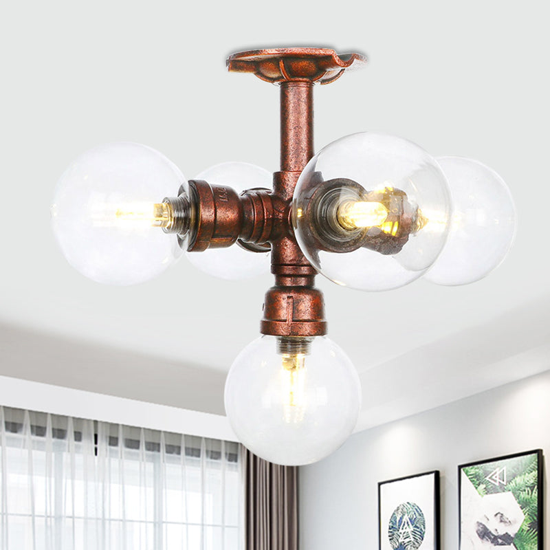 Ball Clear Glass Semi-Flush Ceiling Light Farmhouse 4/5/6 Heads Restaurant Flushmount Lamp in Copper Copper C Clearhalo 'Ceiling Lights' 'Close To Ceiling Lights' 'Close to ceiling' 'Glass shade' 'Glass' 'Semi-flushmount' Lighting' 756619