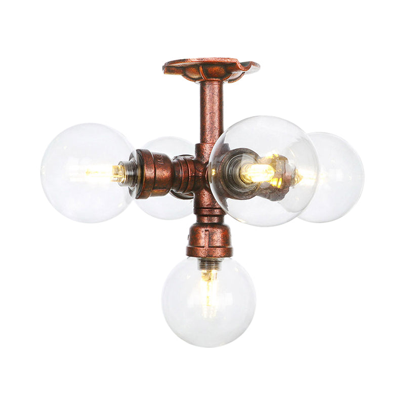 Ball Clear Glass Semi-Flush Ceiling Light Farmhouse 4/5/6 Heads Restaurant Flushmount Lamp in Copper Clearhalo 'Ceiling Lights' 'Close To Ceiling Lights' 'Close to ceiling' 'Glass shade' 'Glass' 'Semi-flushmount' Lighting' 756621