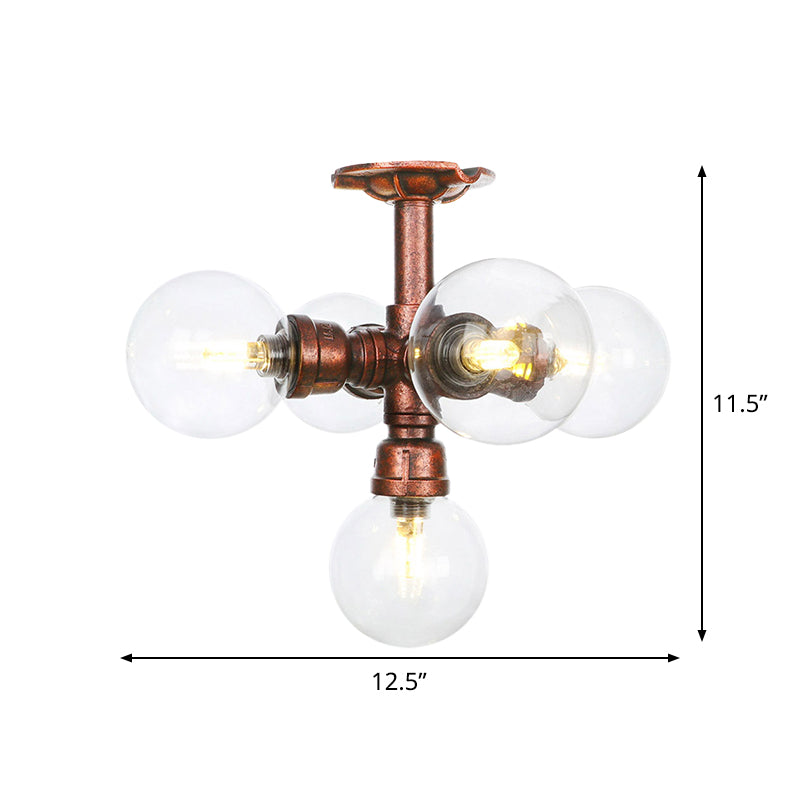 Ball Clear Glass Semi-Flush Ceiling Light Farmhouse 4/5/6 Heads Restaurant Flushmount Lamp in Copper Clearhalo 'Ceiling Lights' 'Close To Ceiling Lights' 'Close to ceiling' 'Glass shade' 'Glass' 'Semi-flushmount' Lighting' 756623