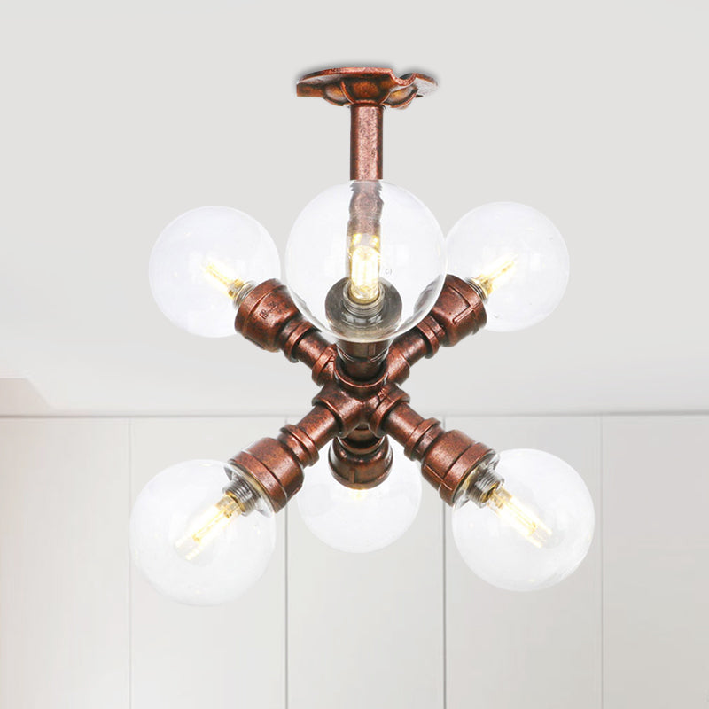 Ball Clear Glass Semi-Flush Ceiling Light Farmhouse 4/5/6 Heads Restaurant Flushmount Lamp in Copper Copper D Clearhalo 'Ceiling Lights' 'Close To Ceiling Lights' 'Close to ceiling' 'Glass shade' 'Glass' 'Semi-flushmount' Lighting' 756624