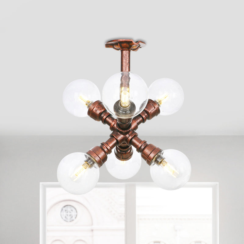 Ball Clear Glass Semi-Flush Ceiling Light Farmhouse 4/5/6 Heads Restaurant Flushmount Lamp in Copper Clearhalo 'Ceiling Lights' 'Close To Ceiling Lights' 'Close to ceiling' 'Glass shade' 'Glass' 'Semi-flushmount' Lighting' 756625