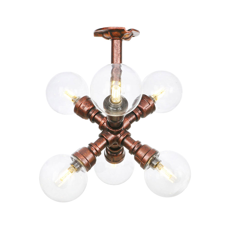 Ball Clear Glass Semi-Flush Ceiling Light Farmhouse 4/5/6 Heads Restaurant Flushmount Lamp in Copper Clearhalo 'Ceiling Lights' 'Close To Ceiling Lights' 'Close to ceiling' 'Glass shade' 'Glass' 'Semi-flushmount' Lighting' 756626