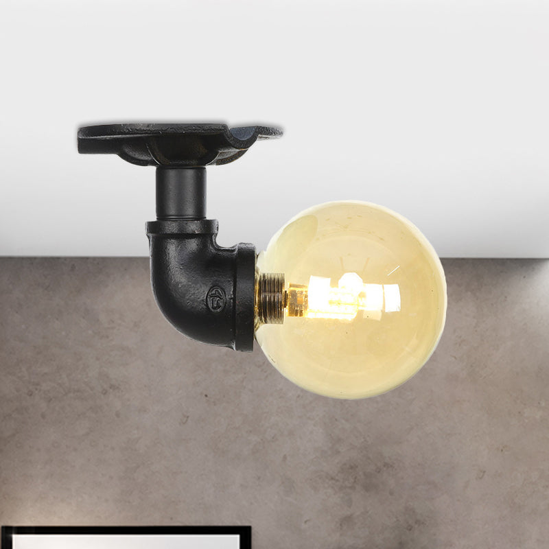 1-Light Ball Semi Flush Mount Light Vintage Black Finish Amber Glass Ceiling Lamp Fixture Black A Clearhalo 'Ceiling Lights' 'Close To Ceiling Lights' 'Close to ceiling' 'Glass shade' 'Glass' 'Semi-flushmount' Lighting' 756629