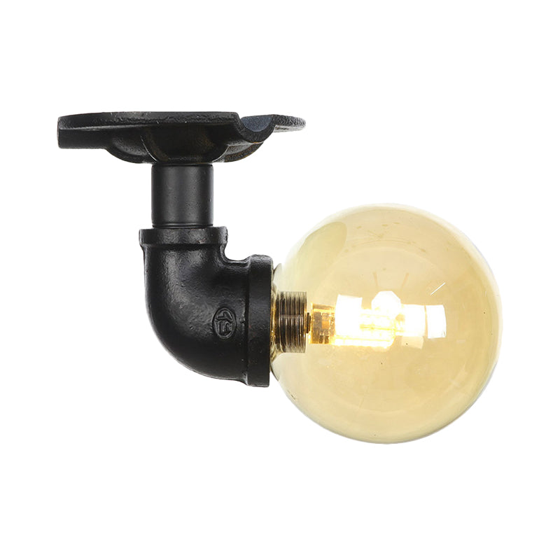 1-Light Ball Semi Flush Mount Light Vintage Black Finish Amber Glass Ceiling Lamp Fixture Clearhalo 'Ceiling Lights' 'Close To Ceiling Lights' 'Close to ceiling' 'Glass shade' 'Glass' 'Semi-flushmount' Lighting' 756630