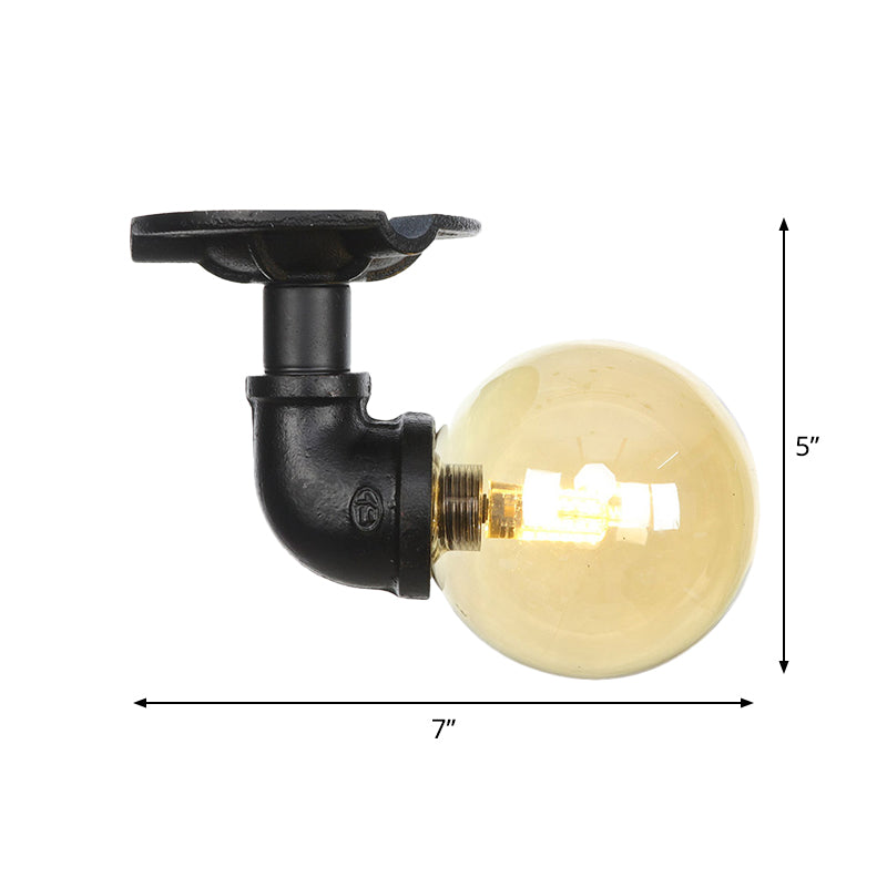 1-Light Ball Semi Flush Mount Light Vintage Black Finish Amber Glass Ceiling Lamp Fixture Clearhalo 'Ceiling Lights' 'Close To Ceiling Lights' 'Close to ceiling' 'Glass shade' 'Glass' 'Semi-flushmount' Lighting' 756632