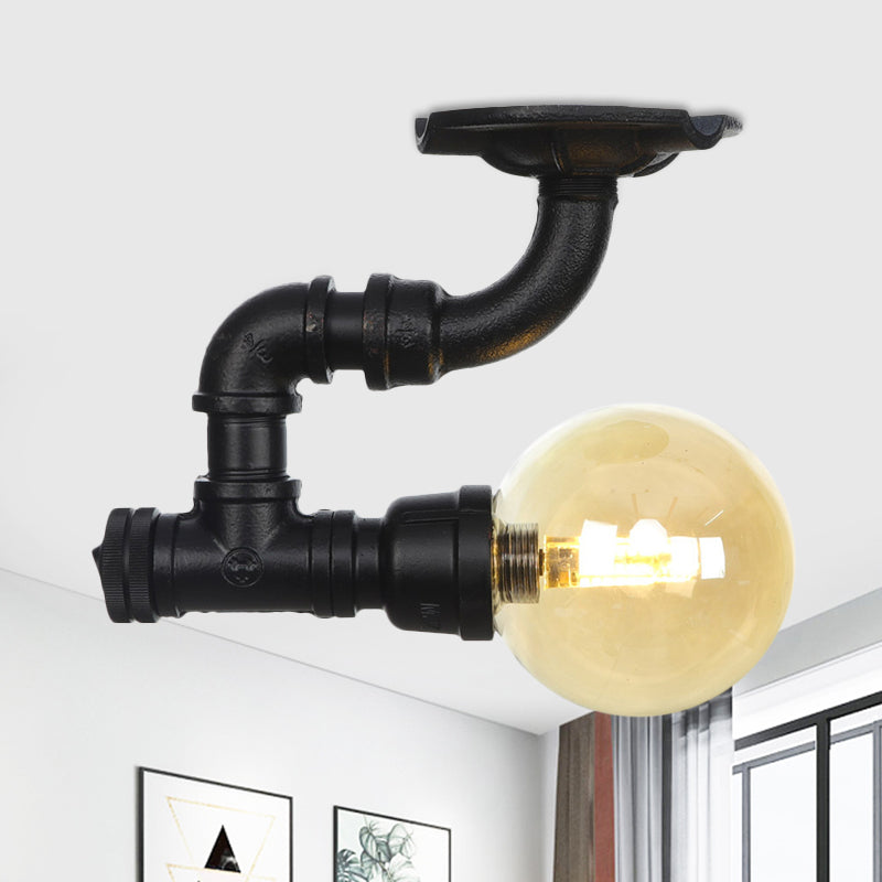 1-Light Ball Semi Flush Mount Light Vintage Black Finish Amber Glass Ceiling Lamp Fixture Black B Clearhalo 'Ceiling Lights' 'Close To Ceiling Lights' 'Close to ceiling' 'Glass shade' 'Glass' 'Semi-flushmount' Lighting' 756633