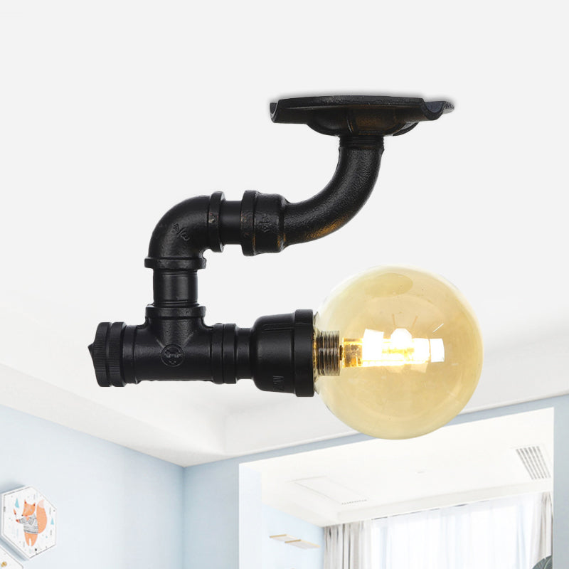 1-Light Ball Semi Flush Mount Light Vintage Black Finish Amber Glass Ceiling Lamp Fixture Clearhalo 'Ceiling Lights' 'Close To Ceiling Lights' 'Close to ceiling' 'Glass shade' 'Glass' 'Semi-flushmount' Lighting' 756634