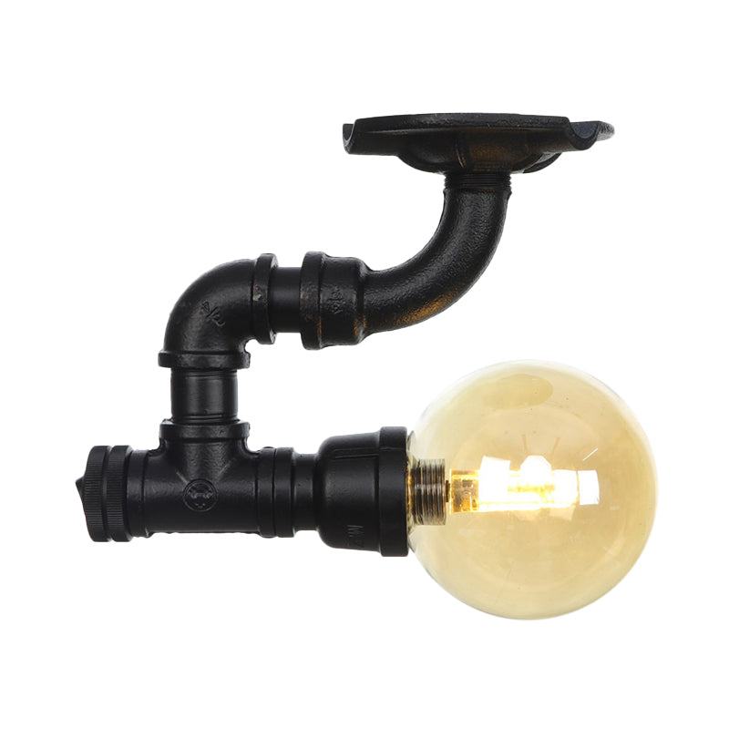 1-Light Ball Semi Flush Mount Light Vintage Black Finish Amber Glass Ceiling Lamp Fixture Clearhalo 'Ceiling Lights' 'Close To Ceiling Lights' 'Close to ceiling' 'Glass shade' 'Glass' 'Semi-flushmount' Lighting' 756635