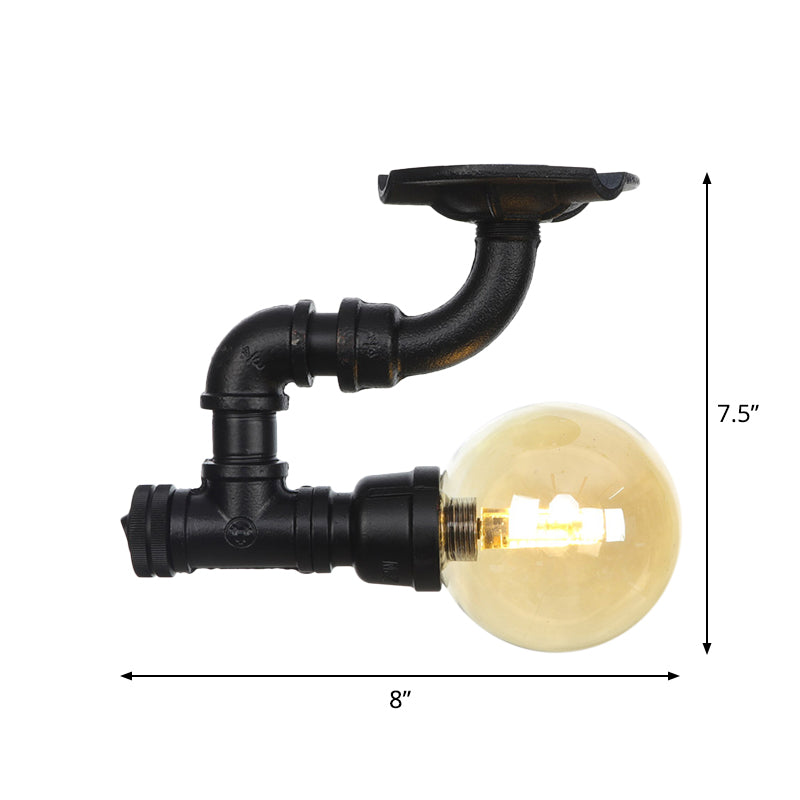 1-Light Ball Semi Flush Mount Light Vintage Black Finish Amber Glass Ceiling Lamp Fixture Clearhalo 'Ceiling Lights' 'Close To Ceiling Lights' 'Close to ceiling' 'Glass shade' 'Glass' 'Semi-flushmount' Lighting' 756637