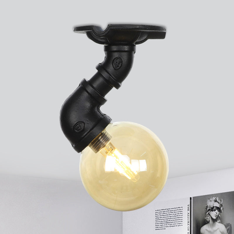 1-Light Ball Semi Flush Mount Light Vintage Black Finish Amber Glass Ceiling Lamp Fixture Black D Clearhalo 'Ceiling Lights' 'Close To Ceiling Lights' 'Close to ceiling' 'Glass shade' 'Glass' 'Semi-flushmount' Lighting' 756643