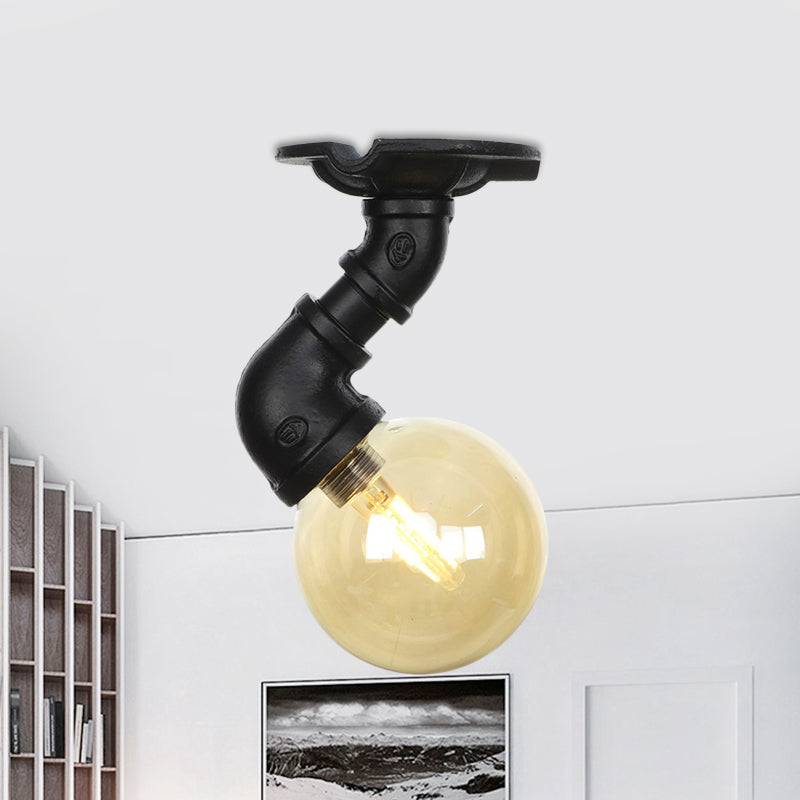 1-Light Ball Semi Flush Mount Light Vintage Black Finish Amber Glass Ceiling Lamp Fixture Clearhalo 'Ceiling Lights' 'Close To Ceiling Lights' 'Close to ceiling' 'Glass shade' 'Glass' 'Semi-flushmount' Lighting' 756644