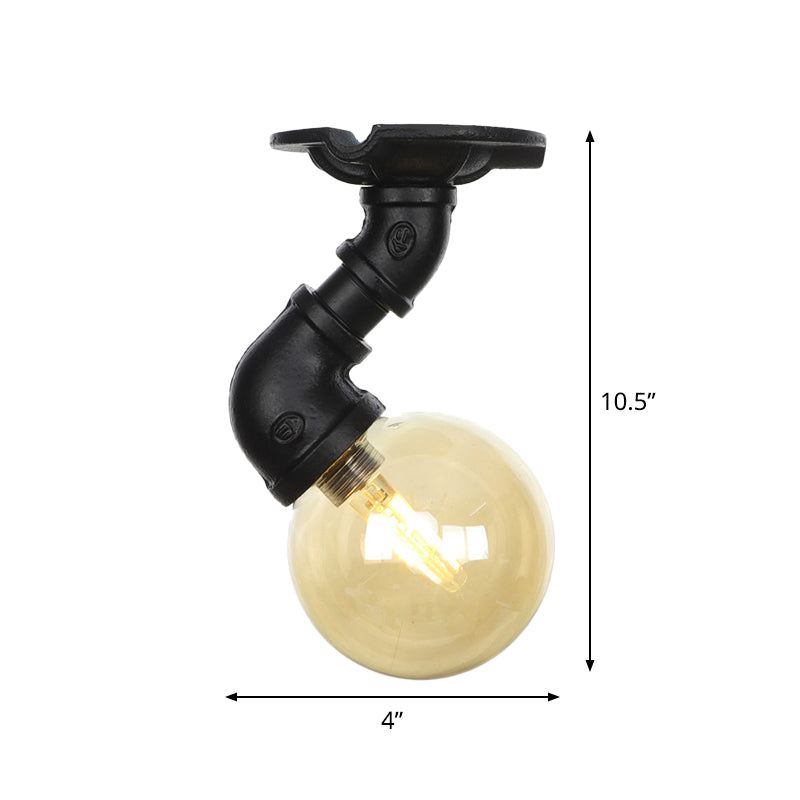 1-Light Ball Semi Flush Mount Light Vintage Black Finish Amber Glass Ceiling Lamp Fixture Clearhalo 'Ceiling Lights' 'Close To Ceiling Lights' 'Close to ceiling' 'Glass shade' 'Glass' 'Semi-flushmount' Lighting' 756647