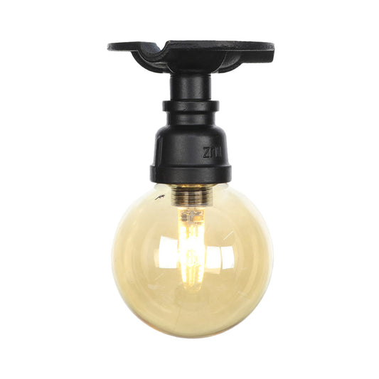 Global Amber Glass Semi Flush Light Fixture Industrial 1 Head Foyer Ceiling Mounted Lamp in Black Clearhalo 'Ceiling Lights' 'Close To Ceiling Lights' 'Close to ceiling' 'Glass shade' 'Glass' 'Semi-flushmount' Lighting' 756654