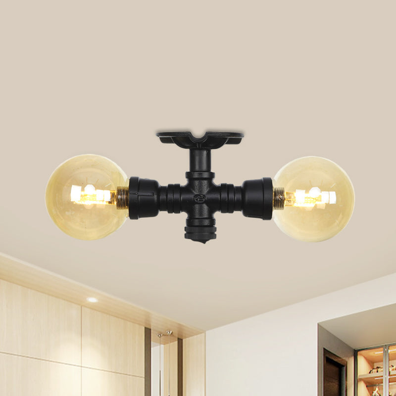 2-Light Amber Glass Semi Flush Antiqued Black Sphere Hallway Flush Mount Ceiling Lamp Fixture Black A Clearhalo 'Ceiling Lights' 'Close To Ceiling Lights' 'Close to ceiling' 'Glass shade' 'Glass' 'Semi-flushmount' Lighting' 756667