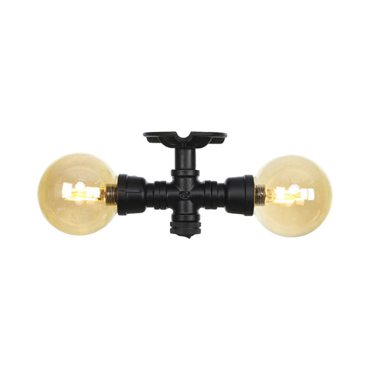 2-Light Amber Glass Semi Flush Antiqued Black Sphere Hallway Flush Mount Ceiling Lamp Fixture Clearhalo 'Ceiling Lights' 'Close To Ceiling Lights' 'Close to ceiling' 'Glass shade' 'Glass' 'Semi-flushmount' Lighting' 756668