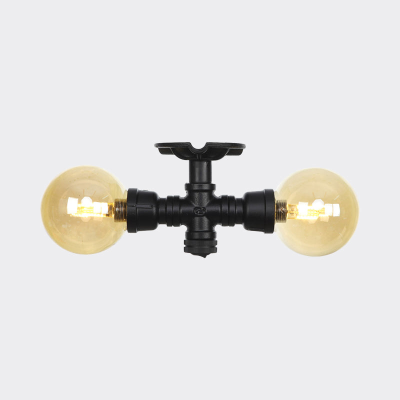 2-Light Amber Glass Semi Flush Antiqued Black Sphere Hallway Flush Mount Ceiling Lamp Fixture Clearhalo 'Ceiling Lights' 'Close To Ceiling Lights' 'Close to ceiling' 'Glass shade' 'Glass' 'Semi-flushmount' Lighting' 756669