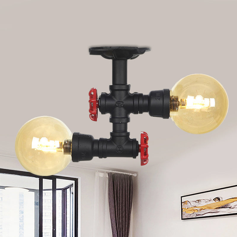 2-Light Amber Glass Semi Flush Antiqued Black Sphere Hallway Flush Mount Ceiling Lamp Fixture Black B Clearhalo 'Ceiling Lights' 'Close To Ceiling Lights' 'Close to ceiling' 'Glass shade' 'Glass' 'Semi-flushmount' Lighting' 756671