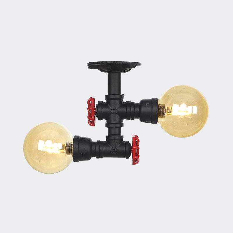 2-Light Amber Glass Semi Flush Antiqued Black Sphere Hallway Flush Mount Ceiling Lamp Fixture Clearhalo 'Ceiling Lights' 'Close To Ceiling Lights' 'Close to ceiling' 'Glass shade' 'Glass' 'Semi-flushmount' Lighting' 756674